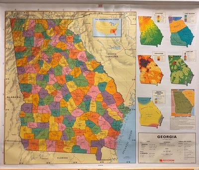 Mapas escolares puxados para baixo 1 camada Georgia vintage, recuperado, antigo, antigo. - Imagem 1 de 4