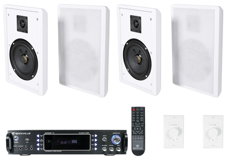 Rockville 2-Room Home Audio Receiver+(4) White 5.25" Wall Speakers+Wall Controls - Image 1 of 4