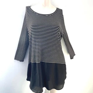 B.L.E.U. Striped Tunic Top L Black White Long Sleeve Coastal Whimsy Fairy Office - Picture 1 of 7
