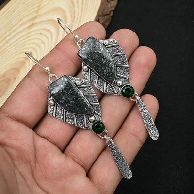 Marcasite, Diopside Handmade 925 Sterling Silver Jewelry Earring Gift Size 3.21" - Image 1 of 4