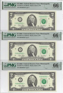 2003 $2 MINNEAPOLIS * STAR * ⭐️ FRNs. 3 PMG Gem Uncirculated 66 EPQ Banknotes. - Picture 1 of 7