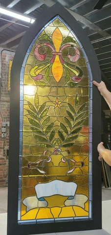 Antique STAINED GLASS WINDOW Brooklyn NY CHURCH Gothic Design NYC FLEUR-DE-LIS Cover