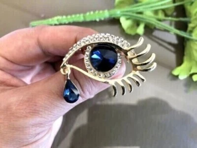 4Ct Round Cut Blue Sapphire & Diamond 14K Yellow Gold Plated Dali's Eye Brooch - Image 1 of 3