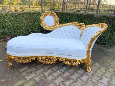 Chaise Lounge Daybed Louis XVI French Sofa White Leather Gold Leaf Vintage - Image 1 of 4
