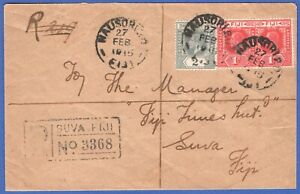 FIJI 1915 Registered cover NAUSORI P.O. to SUVA, 1d (2) + 2d KGV franking