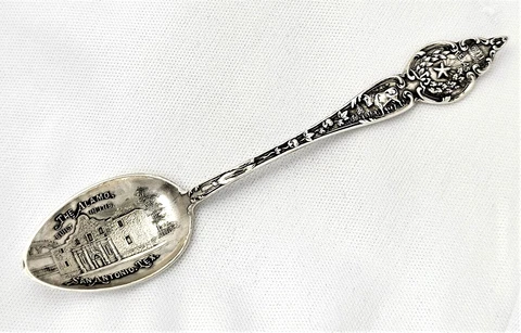 THE Alamo Lone Star Texas Sterling Silver Souvenir Spoon Ornate 4" Long VINTAGE Cover
