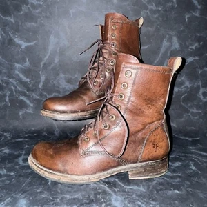 Frye Veronica Leather Combat Lace Up Boots Brown Leather Women’s Size 5.5B - Picture 1 of 8