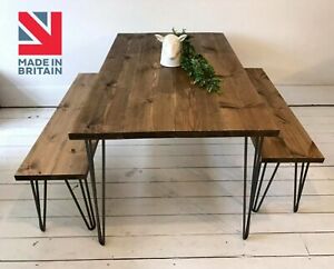 Solid Wood Handmade Dining Table & Bench Set Chunky Rustic Industrial Chair Seat