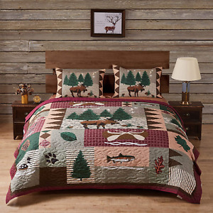Queen Quilt Set Comforter Rustic Home Moose Bear Log Cabin Lodge Cotton Shams