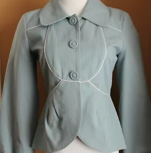Topshop Slate Blue Jacket Blazer Fitted Pleated Pockets Gray Piping Lined S - Picture 1 of 6