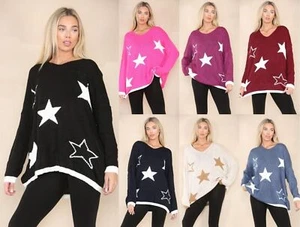 Ladies Star Print Knitted Hi Lo Top Womens Oversized Lagenlook Jumper Sweater - Picture 1 of 10