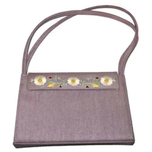 LULU GUINESS Fabric Purse Handbag  w/ Embroidered Flowers, Beige or Tan - Picture 1 of 4