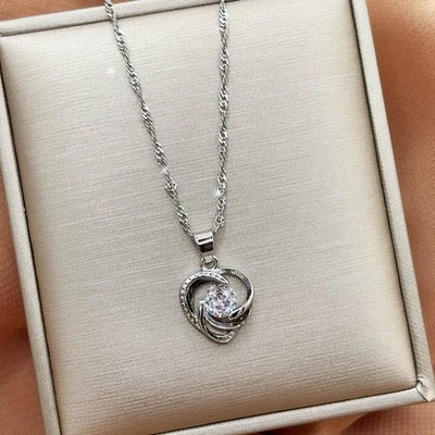 Damen Halskette Set Herz Zirkon Anhänger Frauen Schmuck Kette Ohrring Zirkonia - Bild 1 von 4