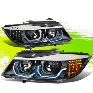 Black {Blue LED Upgrade Halo} Projector Headlights for BMW E90 3-Series 2005-08 - Picture 1 of 12