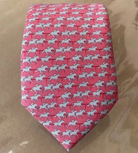 Vineyard Vines Silk Kentucky Derby Tie Pink With Blue Horses - Picture 1 of 8