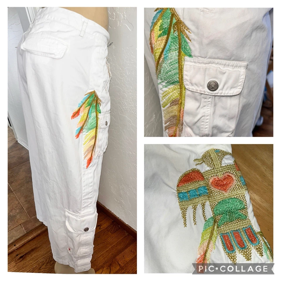 Pantalones cargo Johnny Was JWLA recortados bordados THUNDERBIRD FEATHER blancos talla XL Foto 1 de 4