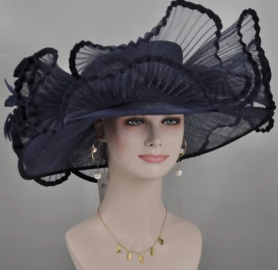 Navy Blue Kentucky Derby Church Wedding Easter Tea Party Wide Brim Sinamay Hat - Image 1 of 4