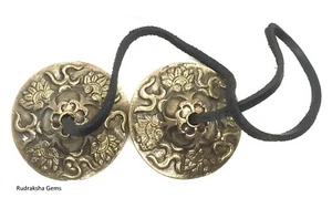 HAND MADE BRASS TINGSHA CYMBALS CHIMES BELL METAL KARTALS ISKON KIRTAN HINDUISM - Picture 1 of 3