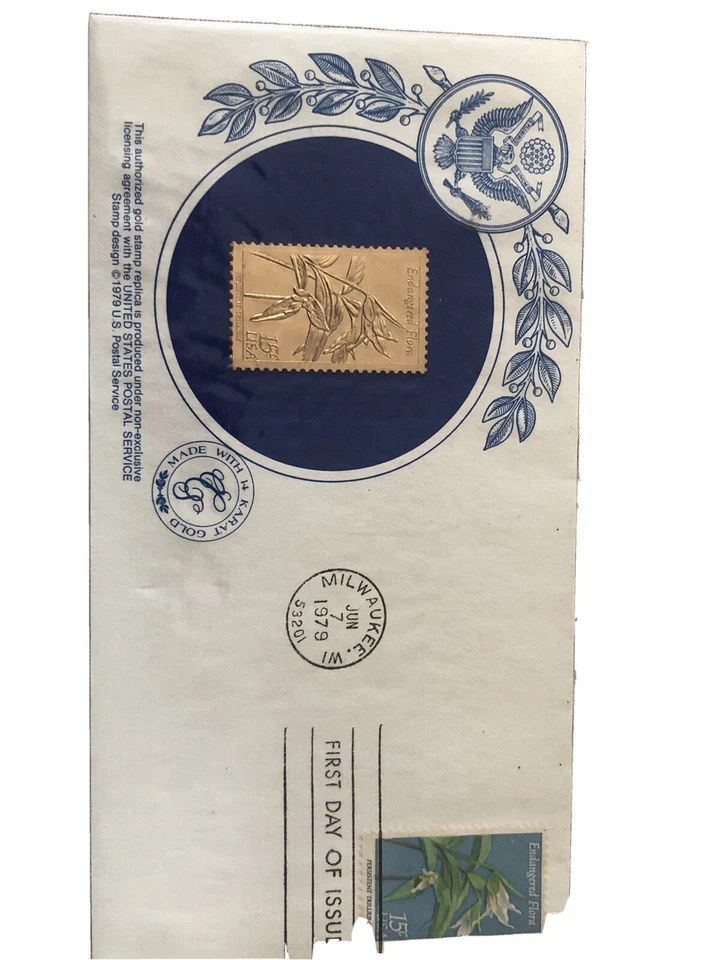 1979 Endangered Flora primeiro dia de emissão capa 15 quilates com selo réplica dourado - Imagem 1 de 4