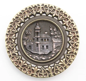 1.44" Victorian Picture Button Castle Moat Tower Fleur de Lis Heart Border - Picture 1 of 3