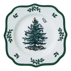 Spode CHRISTMAS TREE grüner Rand überbackene quadratische Salatteller NEU - Bild 1 von 3