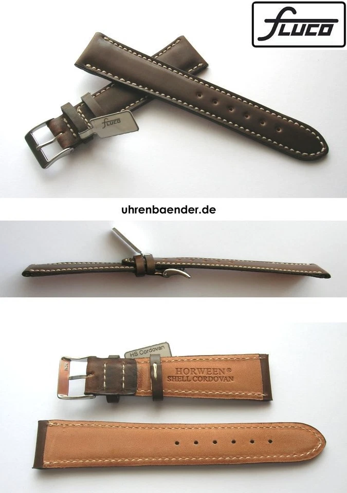 Shell Cordovan Pferdelederuhrband FLUCO Handmade Dunkelbraun Mokka 20/16 mm - Bild 1 von 1