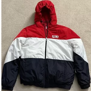 FILA Color Block Puffer Jacket Full Zip Hooded Lightweight Red White Black L - Picture 1 of 3