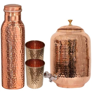 NUEVO Dispensador de Agua de Cobre (Matka) Contenedor Martillado Olla con Botella y 2 Vidrios - Imagen 1 de 4