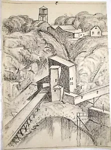 GEORGE RAAB, WIS/ILL ARTISTA HISTÓRICO IMPORTANTE CRAYÓN NEGRO MINA VISTA INDUSTRIAL - Imagen 1 de 6