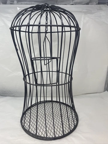 Vintage Tall French Bird Cage Round Wood Wire 19" x 10” Built-In Swing Cover