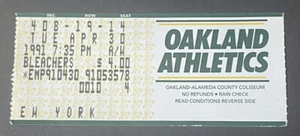 30.04.91 Canseco HR 169 SB 101 Oakland Ticket Mattingly Henderson Yankees - Bild 1 von 2