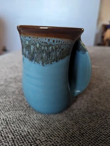 Neher Pottery Hand Warmer Mug Right Aqua Blue Brown - Picture 1 of 6