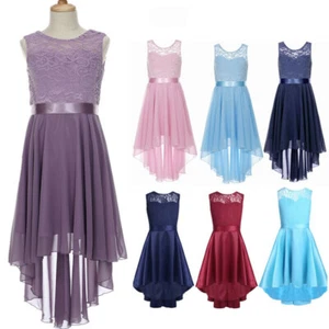 Girls Chiffon Bridesmaid Dress Floral Lace High Low Hem Flower Girl Dress Downs - Picture 1 of 87