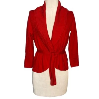 BCBG Wool Cardigan Womens Sm Teejay Belted Sweater Cherry Red Merino Wool FLAW - Image 1 of 4