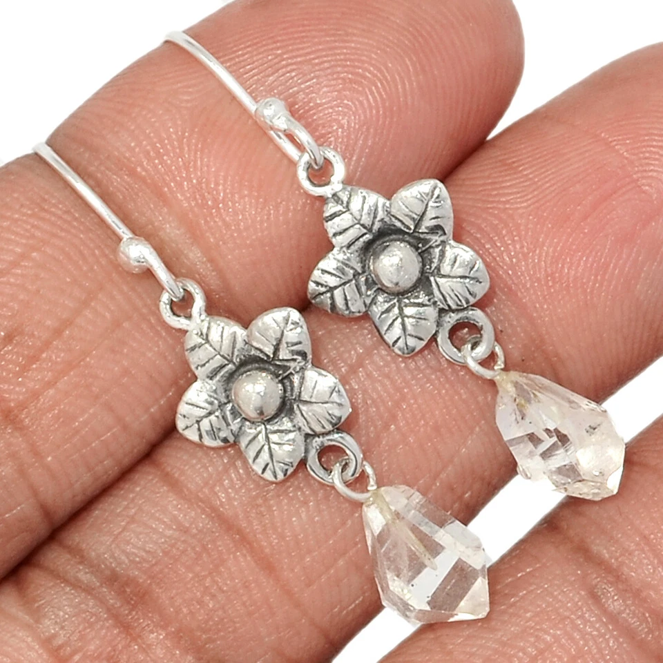 Flor - Diamante Herkimer Natural - EE. UU. 925 Plata Pendientes Joyería CE44056 Foto 1 de 1