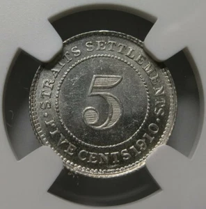 STRAITS SETTLEMENTS Malaysia 5 cents 1910 Bombay NGC MS 64 UNC Silver Edward VII - Picture 1 of 6