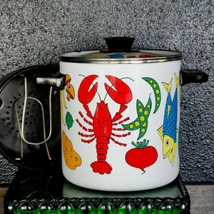 Vintage 1970er MCM San Ignacio Nantucket Emaille Hummer Suppentopf mit Deckel & Einsatz LESEN - Bild 1 von 8