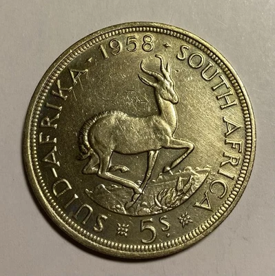 SÜDAFRIKA 5 Schilling Silber-Münze 1958 Springbock Elisabeth II  - Bild 1 von 2