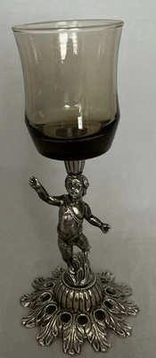 Candelabro querubín plateado vintage centro de mesa decoración vidrio ámbar Foto 1 de 4