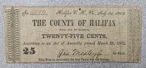 1862 25c Cents County Of Halifax Virginia Va Obsolete Banknote - Picture 1 of 2