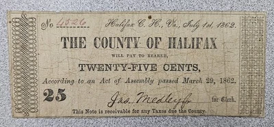 1862 25c Cents County Of Halifax Virginia Va Obsolete Banknote - Image 1 of 2