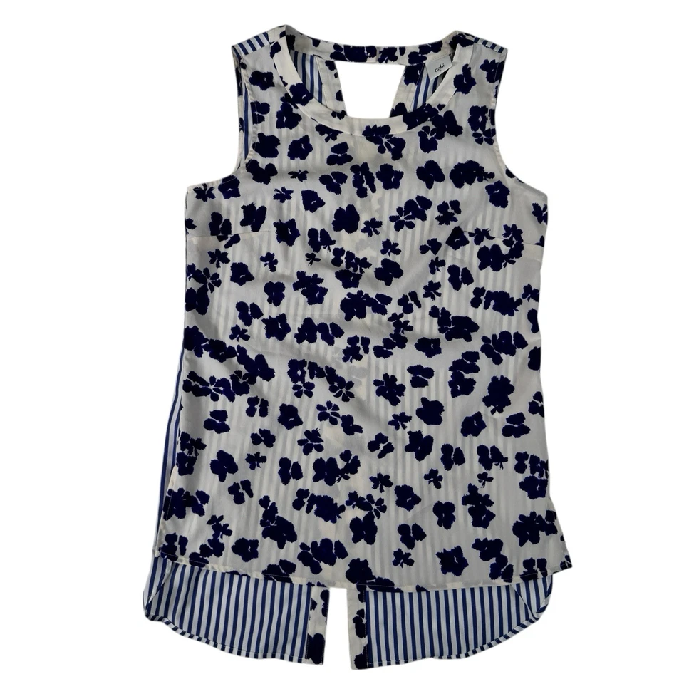 Blusa para mujer Cabi blanca azul estampado geométrico sin mangas cuello redondo talla pequeña Foto 1 de 4