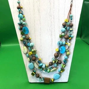 Boho Multi-Strang Statement Halskette Grob Perlen Türkis Holz Bohemian Vintage - Bild 1 von 13