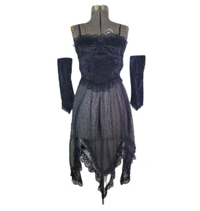 Vintage 90s Gothic Lingerie Set Aysymmetric Mesh Dress Gloves Size S Lace Black - Picture 1 of 18