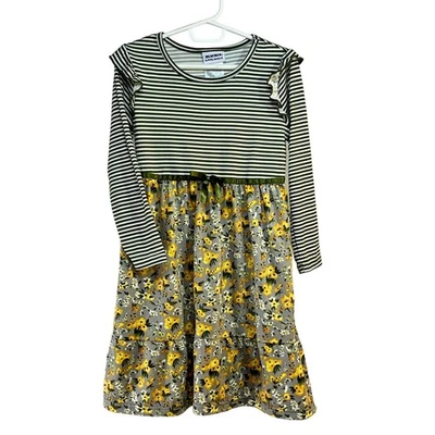 Blueberi Boulevard Girls 6X Dress Knee Length Ruffle Sleeve Green Stripe Floral - Image 1 of 3