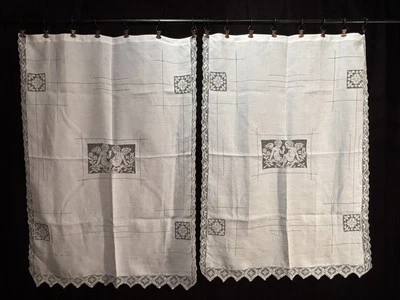 Antiche Tendine Tende Coppia Ricamo A Mano Micro Filet Su Lino  70x100 Circa. - Immagine 1 di 3