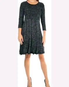 Nina Leonard Damen Kleid schwarz grau Rippstrick Plissee U-Ausschnitt Gr. Smal B7 - Bild 1 von 12