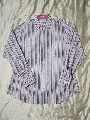 EUC Men's Bugatchi 100% Cotton Blue & Pink Striped Button Down Shirt Size Large - Image 1 of 4