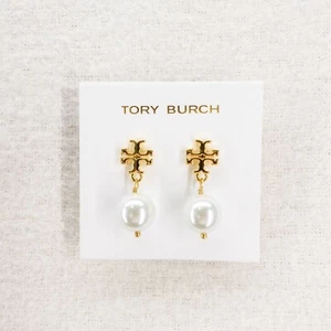 Pendientes colgantes Tory Burch con logotipo de perlas sintéticas nuevos marfil/oro conservador OS - Imagen 1 de 12