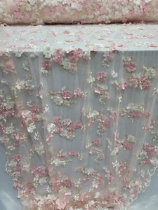 Fabric By The Yard Pink Lace Embroidery 3d Embroidery Floral Flowers On Mesh  - Picture 1 of 12